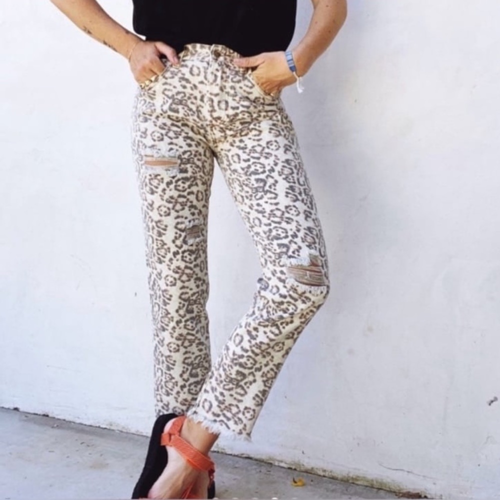 Style Rack Beige Leopard Print Straight Leg Jeans